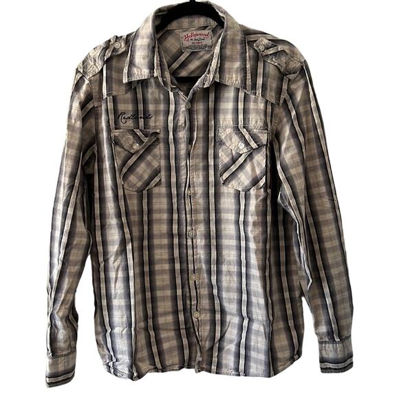Hollywood The Jean People Gray Plaid Shirt Mens XL Patches Pockets Long Sleeves - Picture 1 of 9